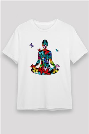 Yoga Baskılı Unisex Beyaz Tişört - Tshirt