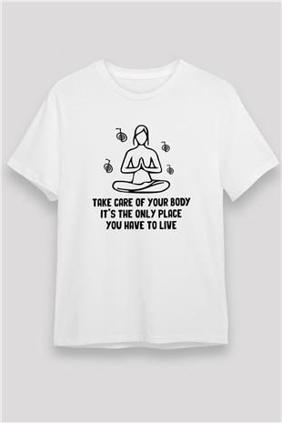 Yoga Baskılı Unisex Beyaz Tişört - Tshirt