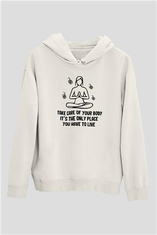 Yoga Baskılı Unisex Ekru Hoodie