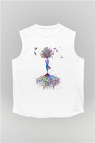 Yoga Baskılı Unisex Kolsuz Beyaz Tişört