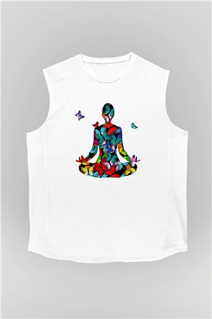 Yoga Baskılı Unisex Kolsuz Beyaz Tişört