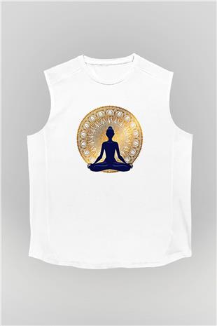 Yoga Baskılı Unisex Kolsuz Beyaz Tişört