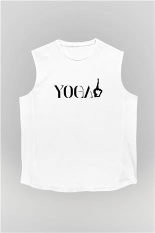 Yoga Baskılı Unisex Kolsuz Beyaz Tişört