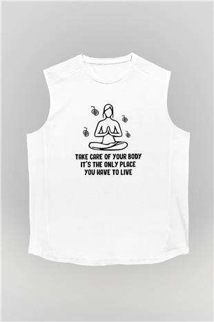 Yoga Baskılı Unisex Kolsuz Beyaz Tişört