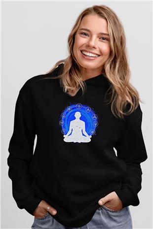 Yoga Baskılı Unisex Siyah Kapüşonlu Sweatshirt