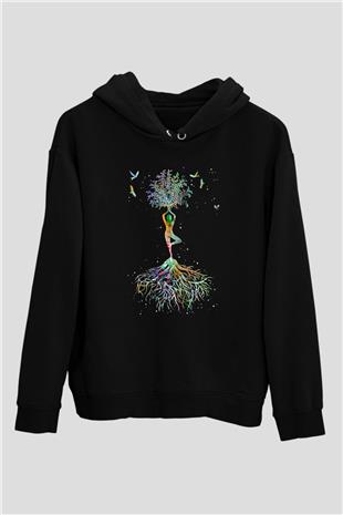 Yoga Baskılı Unisex Siyah Kapüşonlu Sweatshirt