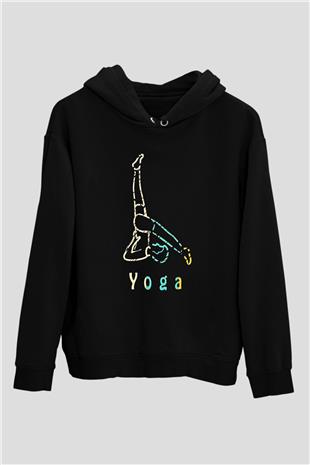 Yoga Baskılı Unisex Siyah Kapüşonlu Sweatshirt