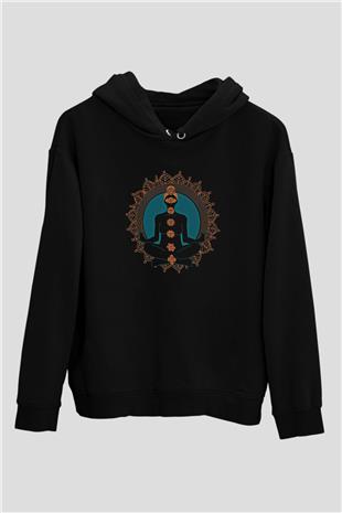 Yoga Baskılı Unisex Siyah Kapüşonlu Sweatshirt