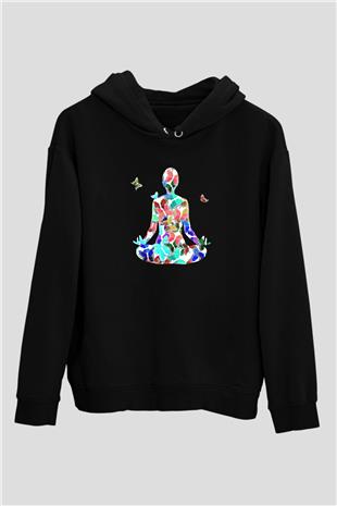 Yoga Baskılı Unisex Siyah Kapüşonlu Sweatshirt