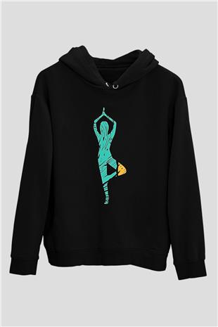 Yoga Baskılı Unisex Siyah Kapüşonlu Sweatshirt