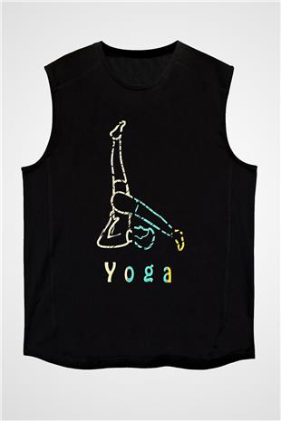 Yoga Baskılı Unisex Siyah Kolsuz Tişört