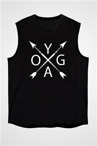 Yoga Baskılı Unisex Siyah Kolsuz Tişört