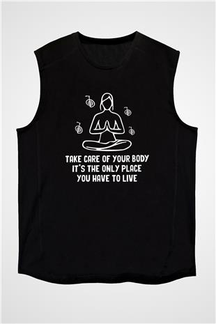 Yoga Baskılı Unisex Siyah Kolsuz Tişört