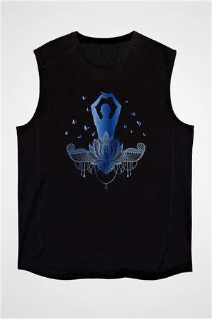 Yoga Baskılı Unisex Siyah Kolsuz Tişört