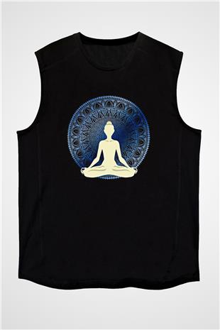Yoga Baskılı Unisex Siyah Kolsuz Tişört