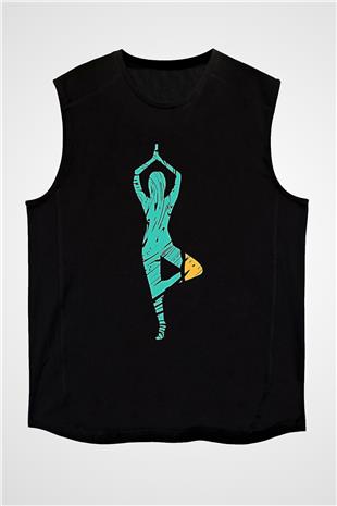 Yoga Baskılı Unisex Siyah Kolsuz Tişört