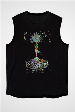 Yoga Baskılı Unisex Siyah Kolsuz Tişört