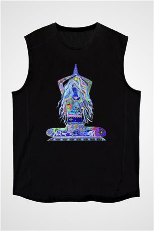 Yoga Baskılı Unisex Siyah Kolsuz Tişört