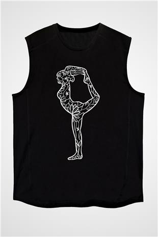 Yoga Baskılı Unisex Siyah Kolsuz Tişört