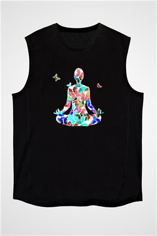 Yoga Baskılı Unisex Siyah Kolsuz Tişört