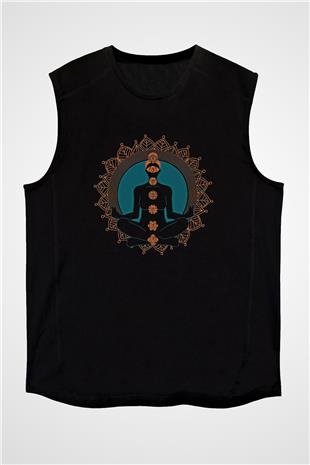 Yoga Baskılı Unisex Siyah Kolsuz Tişört