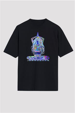 Yoga Baskılı Unisex Siyah Oversize Tişört