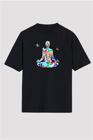 Yoga Baskılı Unisex Siyah Oversize Tişört