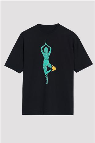 Yoga Baskılı Unisex Siyah Oversize Tişört