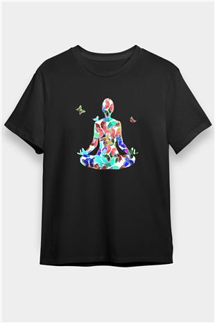 Yoga Baskılı Unisex Siyah Tişört - Tshirt