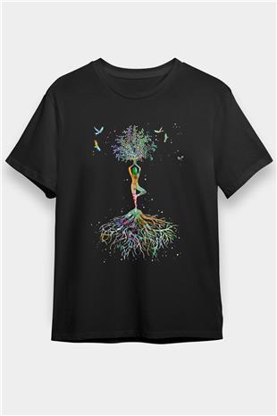 Yoga Baskılı Unisex Siyah Tişört - Tshirt