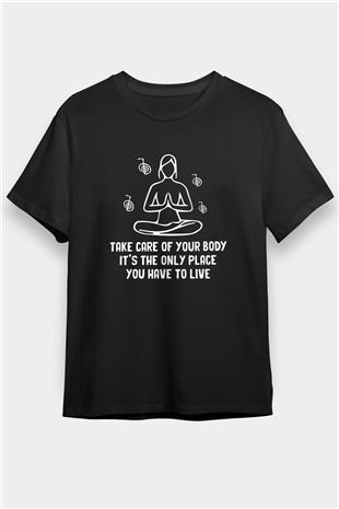 Yoga Baskılı Unisex Siyah Tişört - Tshirt