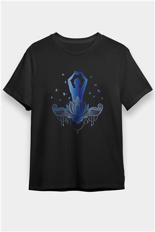 Yoga Baskılı Unisex Siyah Tişört - Tshirt