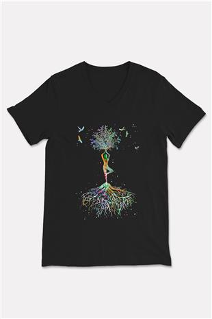Yoga Baskılı Unisex Siyah V Yaka Tişört