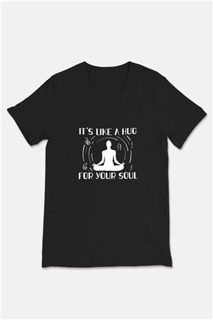 Yoga Baskılı Unisex Siyah V Yaka Tişört
