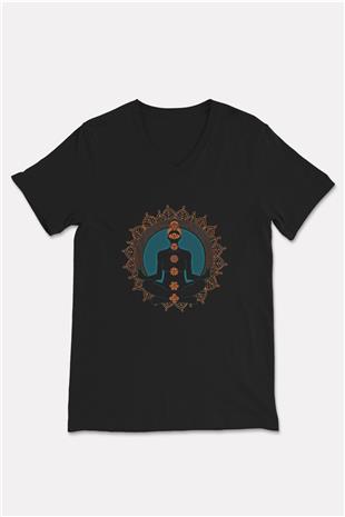 Yoga Baskılı Unisex Siyah V Yaka Tişört