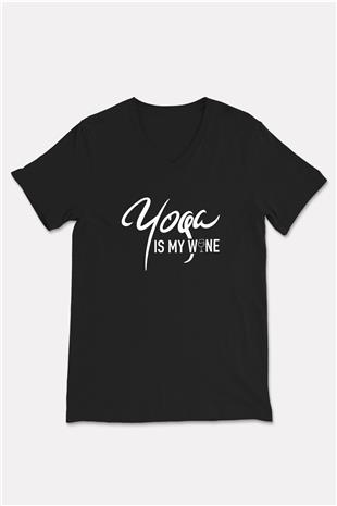Yoga Baskılı Unisex Siyah V Yaka Tişört