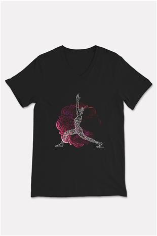 Yoga Baskılı Unisex Siyah V Yaka Tişört