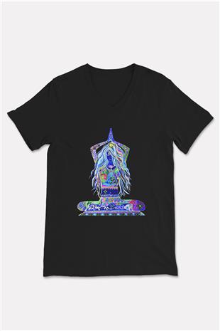 Yoga Baskılı Unisex Siyah V Yaka Tişört