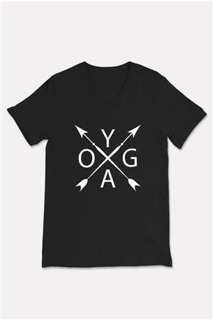 Yoga Baskılı Unisex Siyah V Yaka Tişört