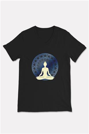 Yoga Baskılı Unisex Siyah V Yaka Tişört