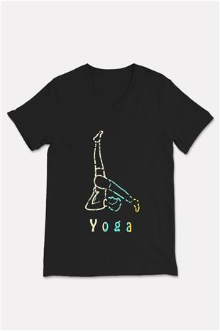 Yoga Baskılı Unisex Siyah V Yaka Tişört