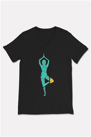 Yoga Baskılı Unisex Siyah V Yaka Tişört