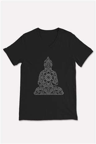 Yoga Baskılı Unisex Siyah V Yaka Tişört