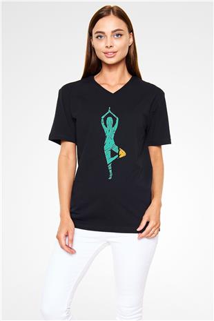 Yoga Baskılı Unisex Siyah V Yaka Tişört