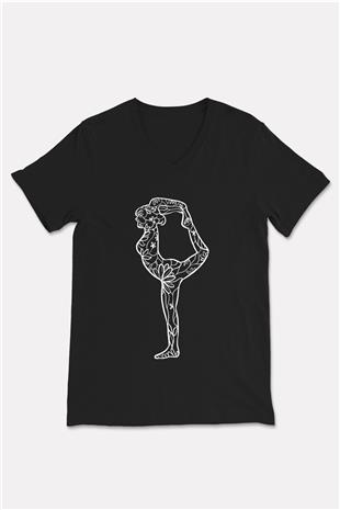 Yoga Baskılı Unisex Siyah V Yaka Tişört