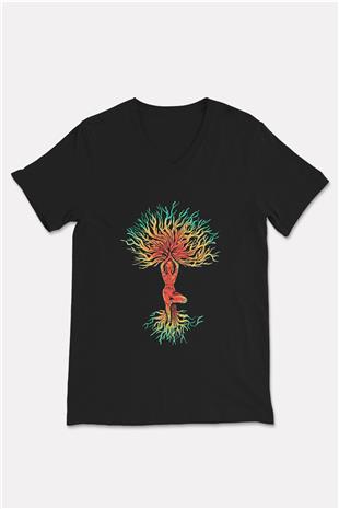 Yoga Baskılı Unisex Siyah V Yaka Tişört