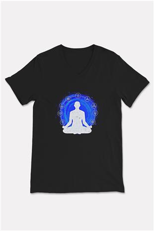 Yoga Baskılı Unisex Siyah V Yaka Tişört
