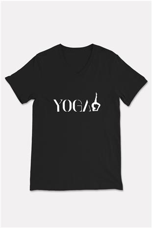 Yoga Baskılı Unisex Siyah V Yaka Tişört