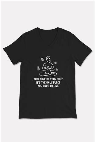 Yoga Baskılı Unisex Siyah V Yaka Tişört