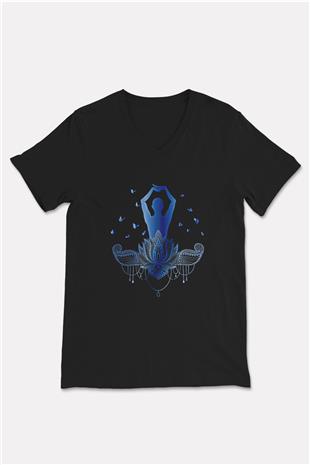 Yoga Baskılı Unisex Siyah V Yaka Tişört